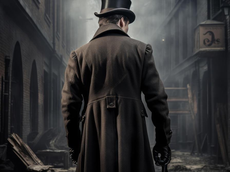 Et AI-genereret billede af en victoriansk herre står med ryggen til i en skummel gyde